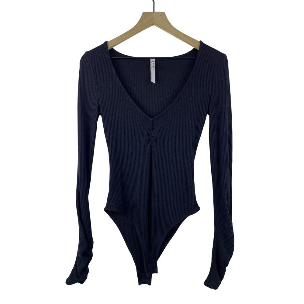 Free People Intimately Women's Small Ribbed Balletcore V-neck Bodysuit Black